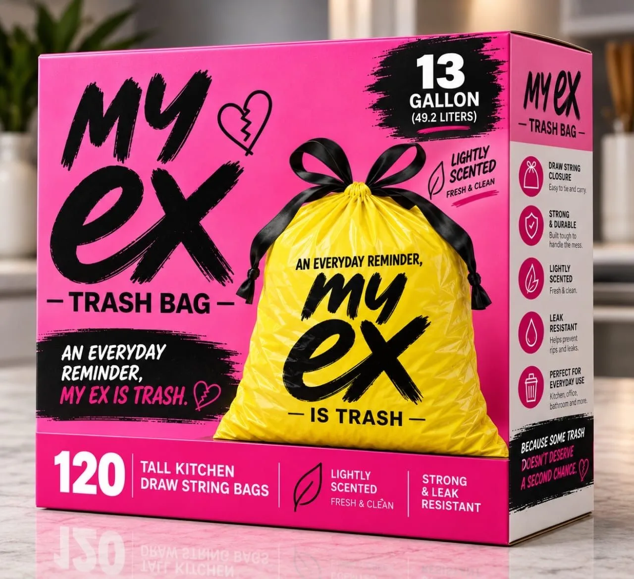 MY EX pink packaging for 13 gallon, 120 count tall kitchen drawstring bags