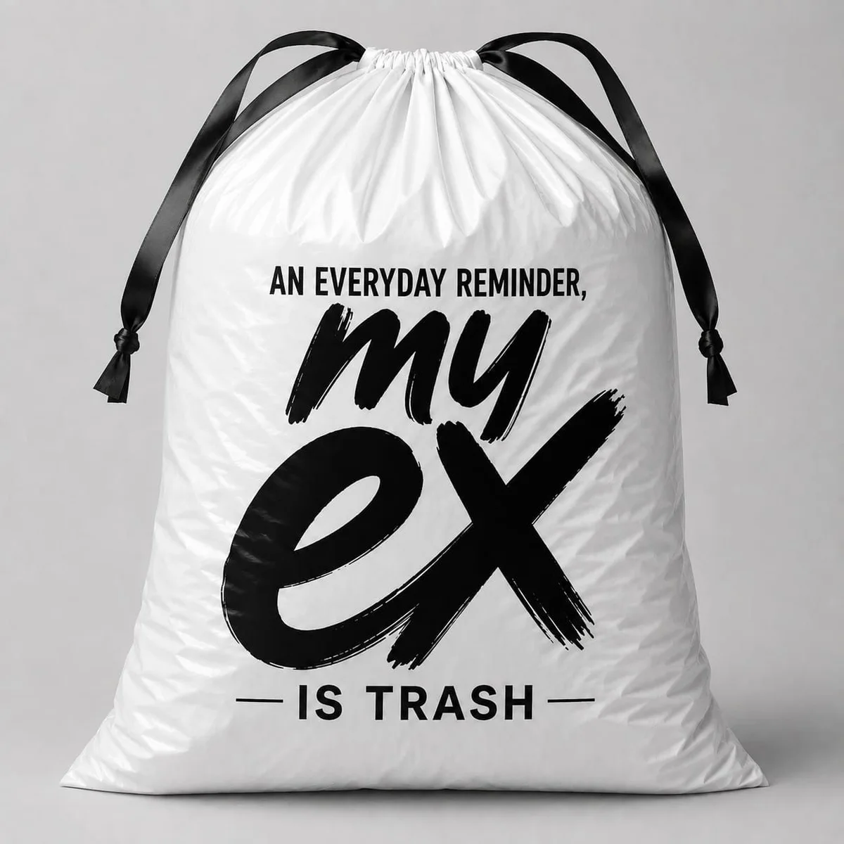 White MY EX drawstring trash bag isolated against a pale background